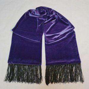 Purple Velvet Scarf with Black Fringe, A Soft Handmade Shawl and Wrap